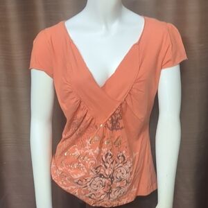 Cato Orange Floral V-Neck Short Sleeve Top